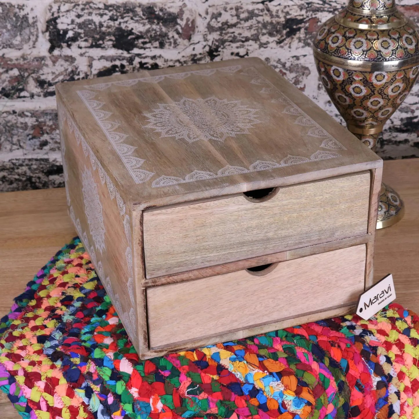 Hijla Mango Wood A4 Filing Box 2 Drawers Mandala Design - Main Image