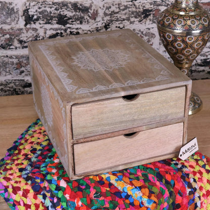 Hijla Mango Wood A4 Filing Box 2 Drawers Mandala Design - Main Image