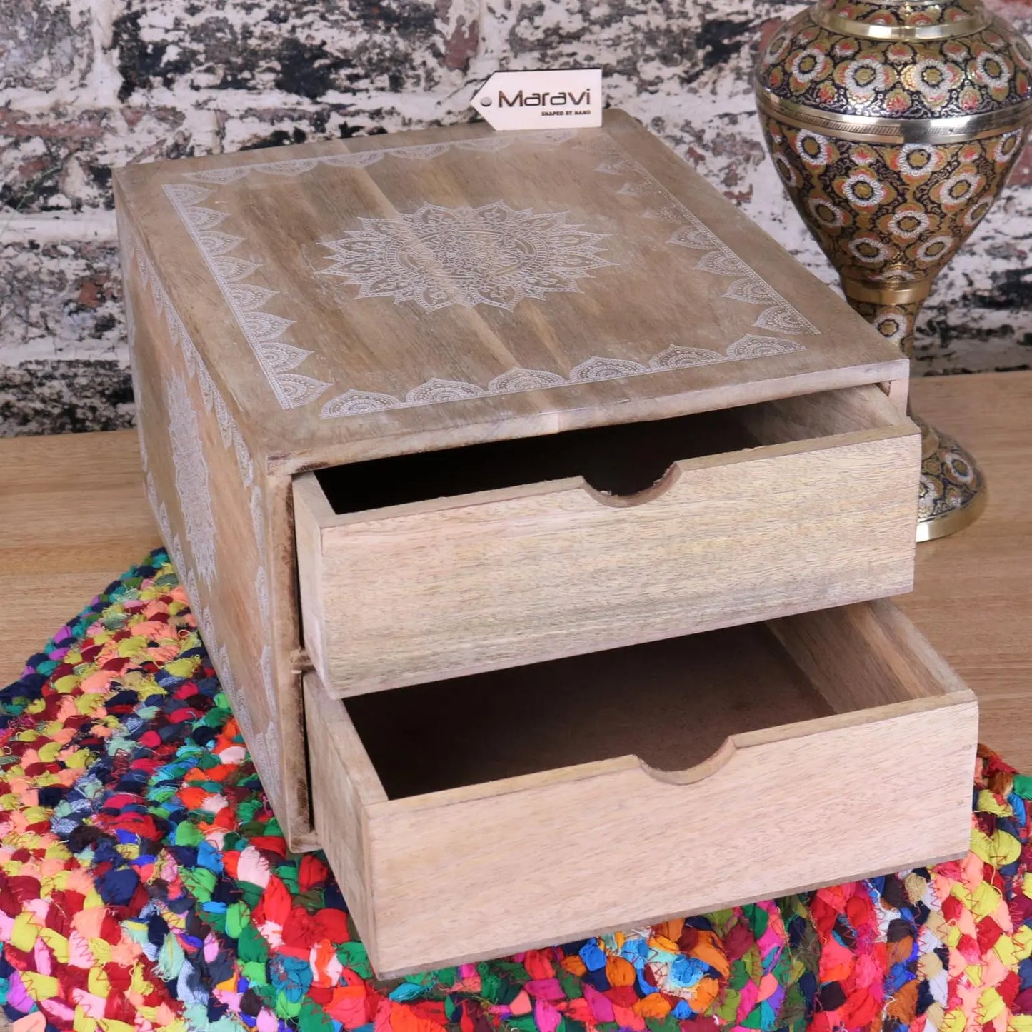 Hijla Mango Wood A4 Filing Box 2 Drawers Mandala Design - Front View Drawers Open