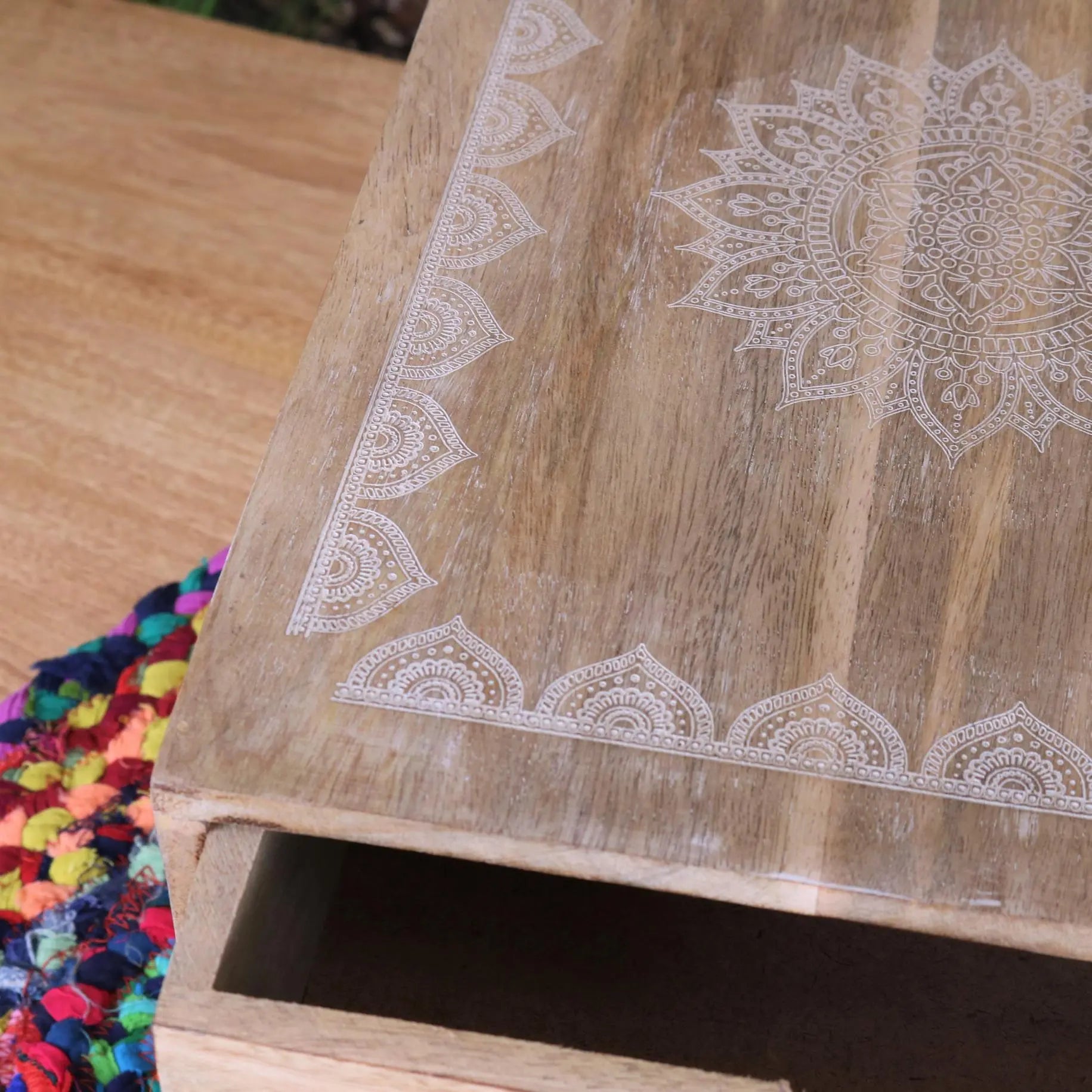 Hijla Mango Wood A4 Filing Box 2 Drawers Mandala Design - Closeup of Mandala Design
