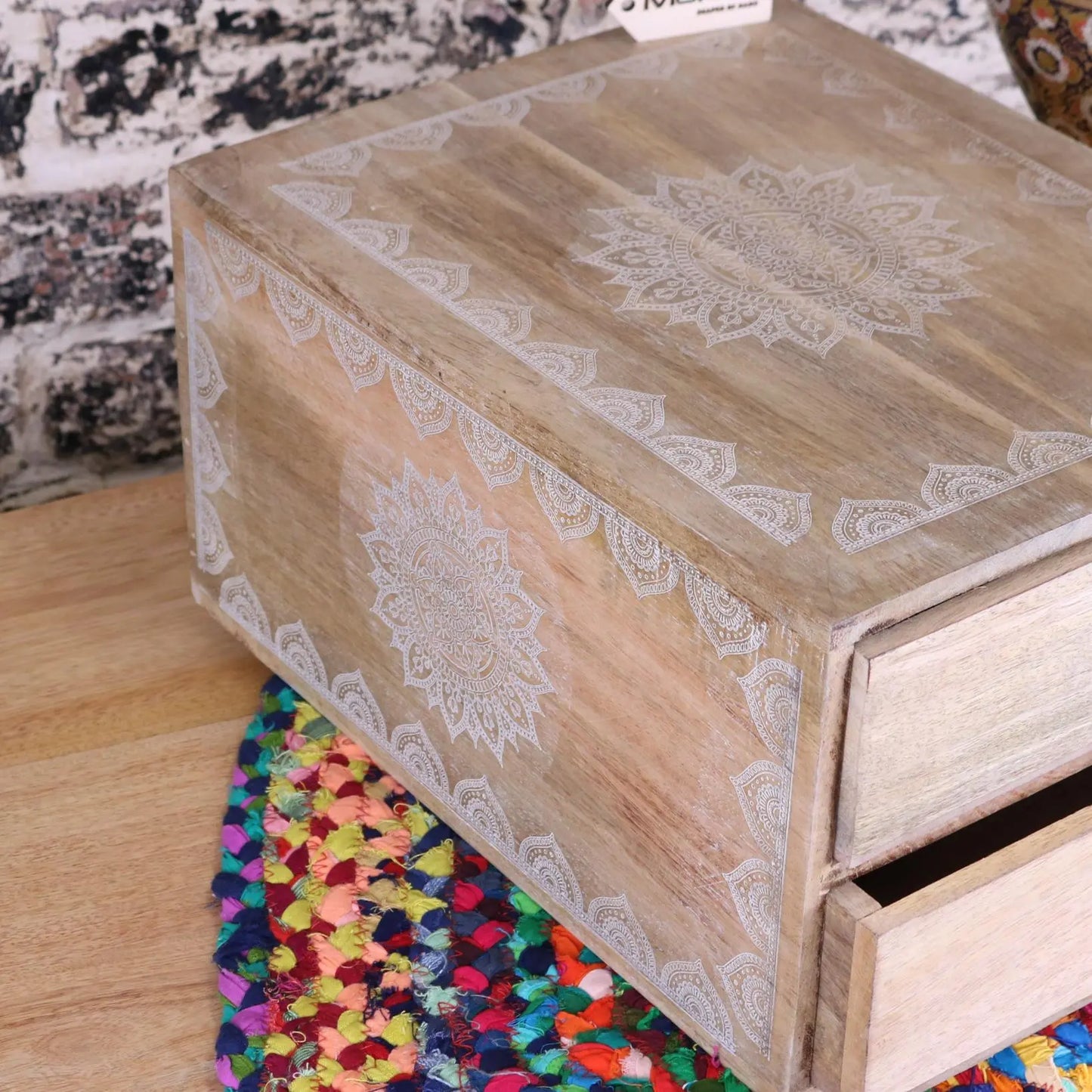 Hijla Mango Wood A4 Filing Box 2 Drawers Mandala Design - Side View