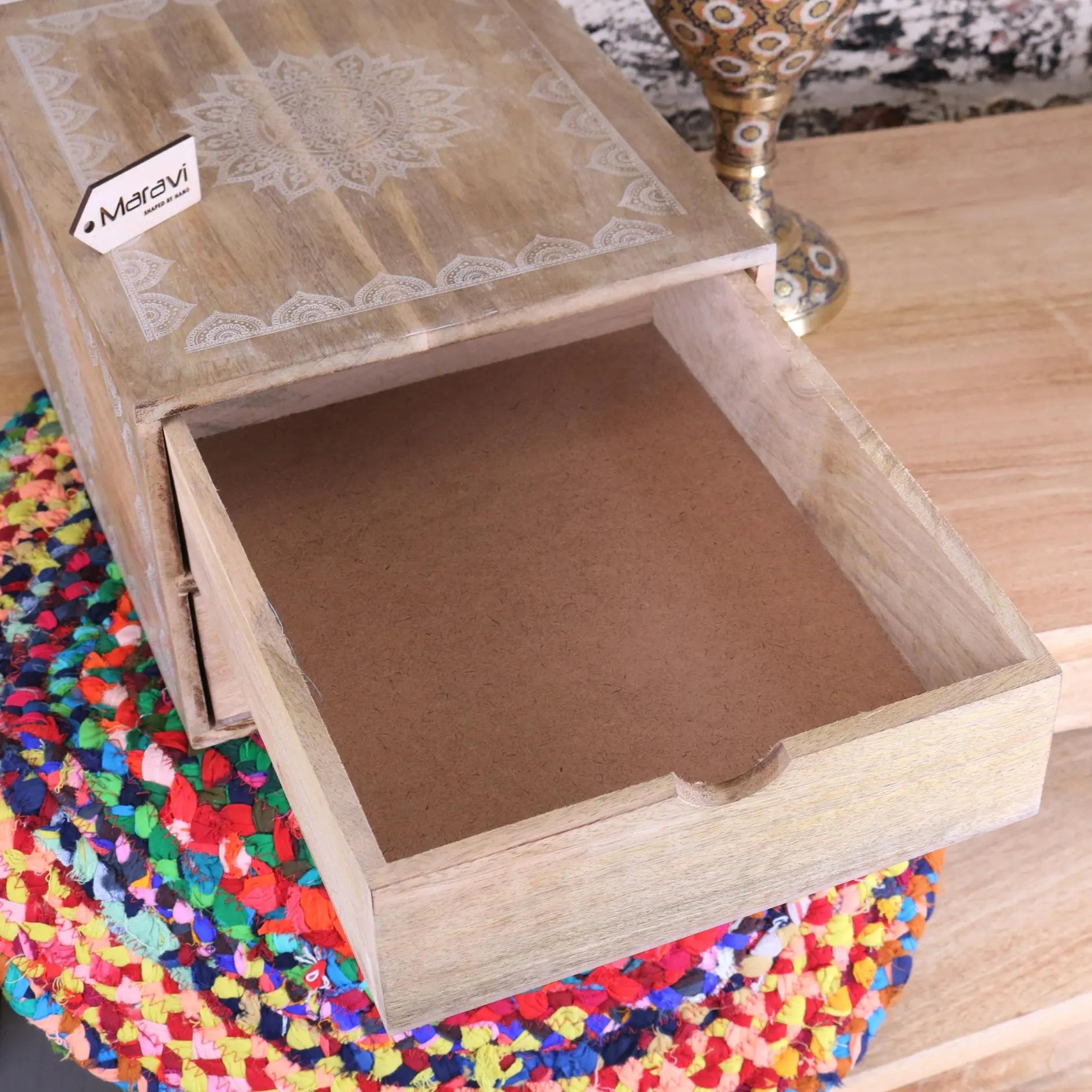 Hijla Mango Wood A4 Filing Box 2 Drawers Mandala Design - Showing Inside of Drawer