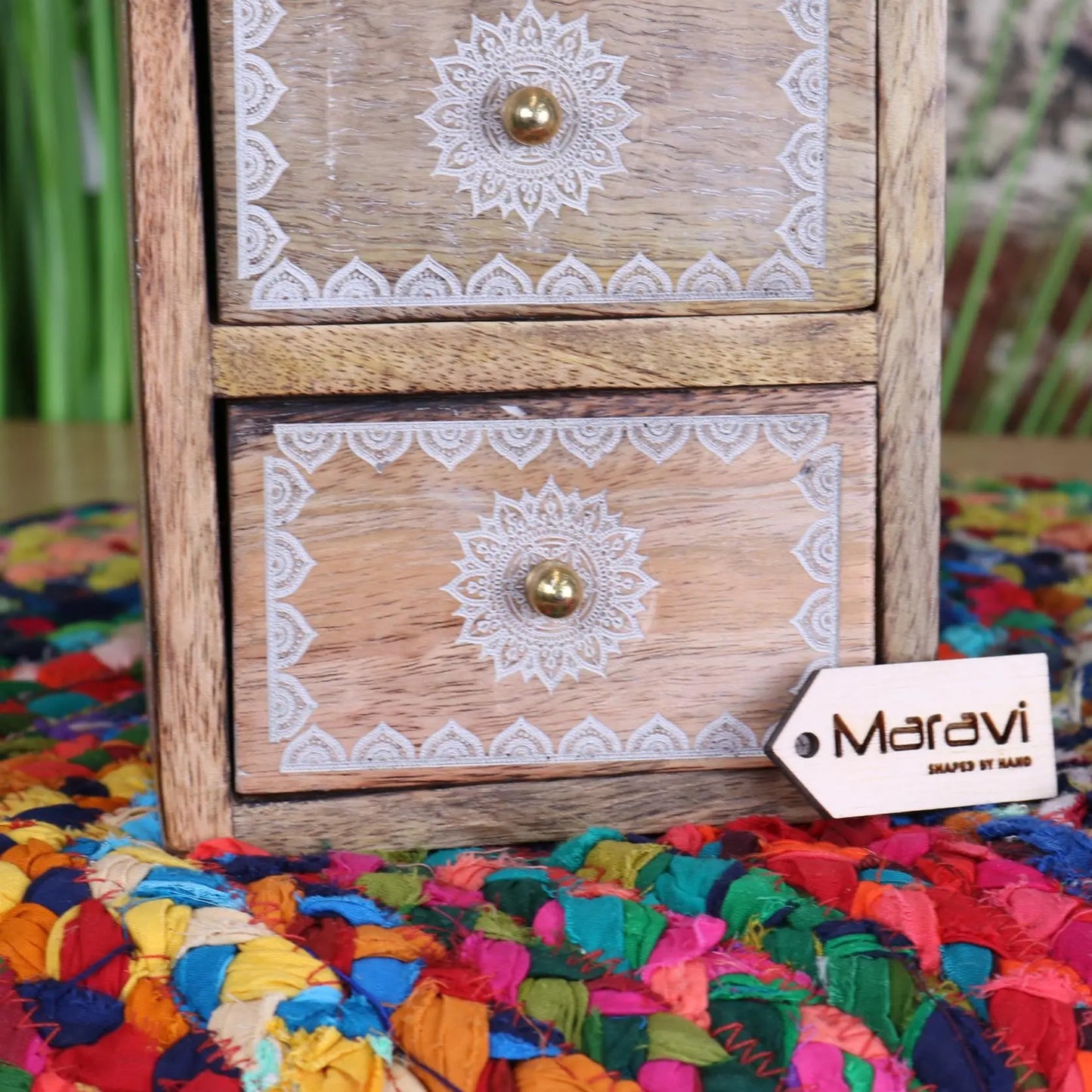 Hijla Mango Wood 4 Mini Drawer Cabinet Mandala Design - Closeup of Drawer Front