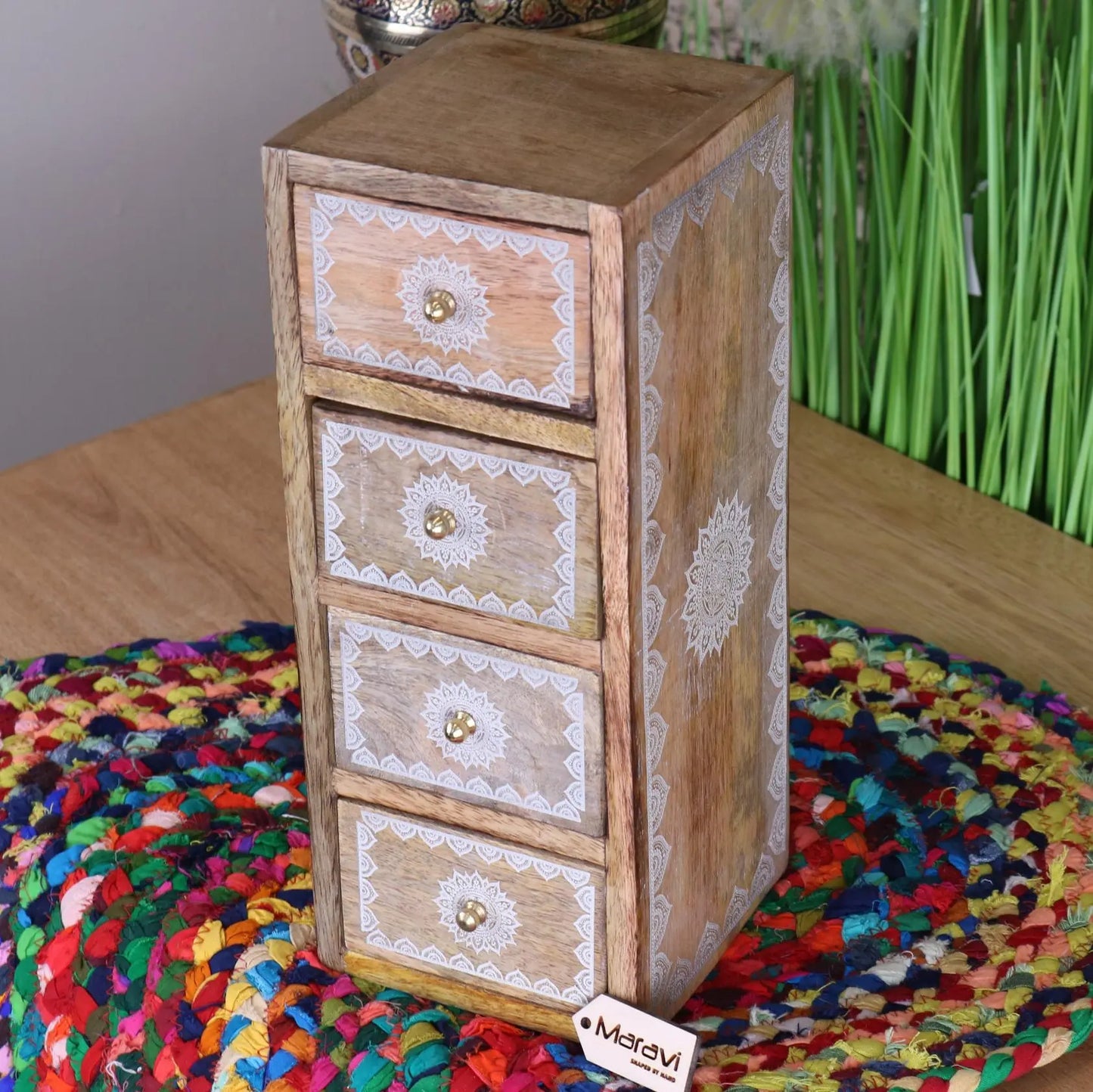 Hijla Mango Wood 4 Mini Drawer Cabinet Mandala Design - Angled Side View