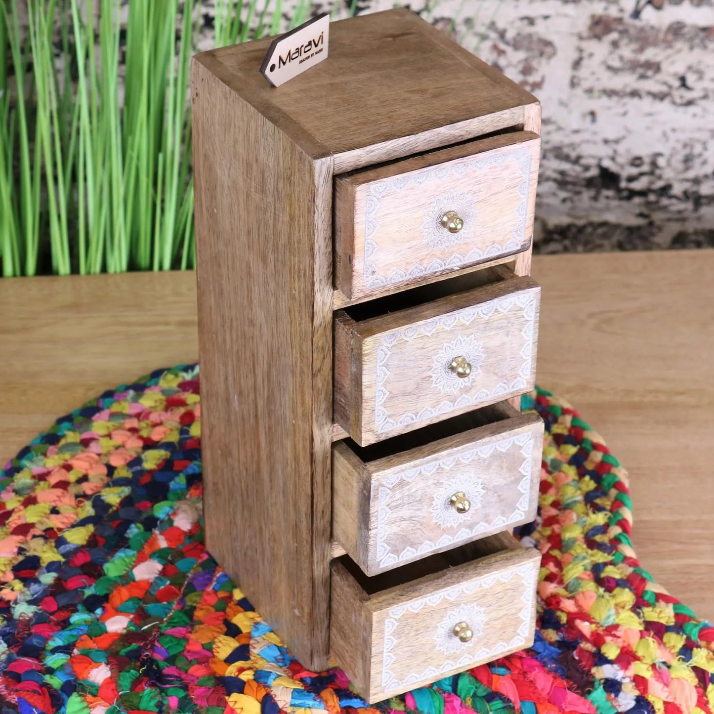 Hijla Mango Wood 4 Mini Drawer Cabinet Mandala Design - Showing Drawers Open