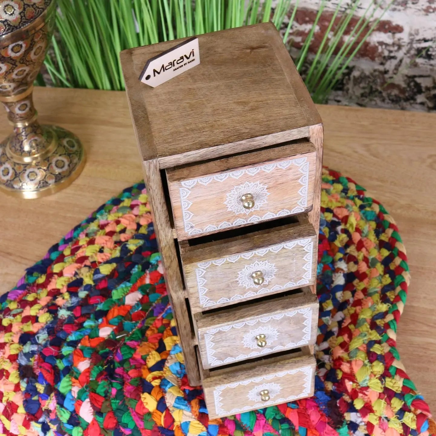 Hijla Mango Wood 4 Mini Drawer Cabinet Mandala Design - Top View