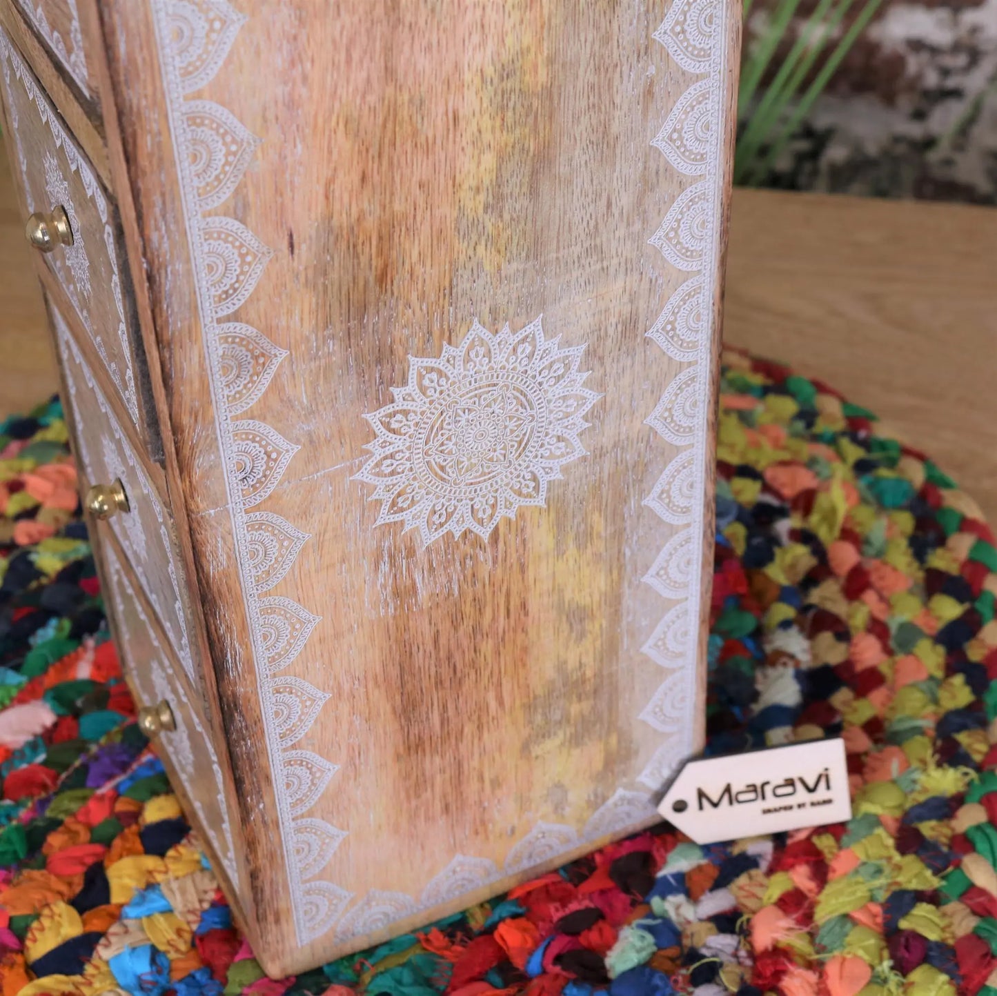 Hijla Mango Wood 4 Mini Drawer Cabinet Mandala Design - Closeup of Madala Design on Side