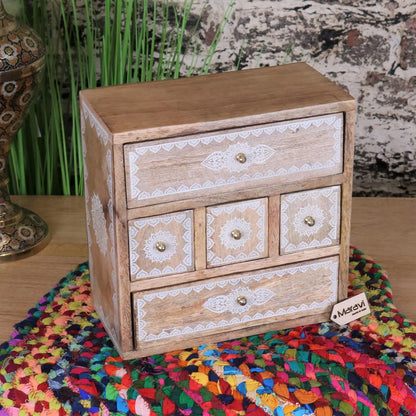 Hijla Mango Wood 5 Mini Drawer Cabinet Mandala Design - Main Image