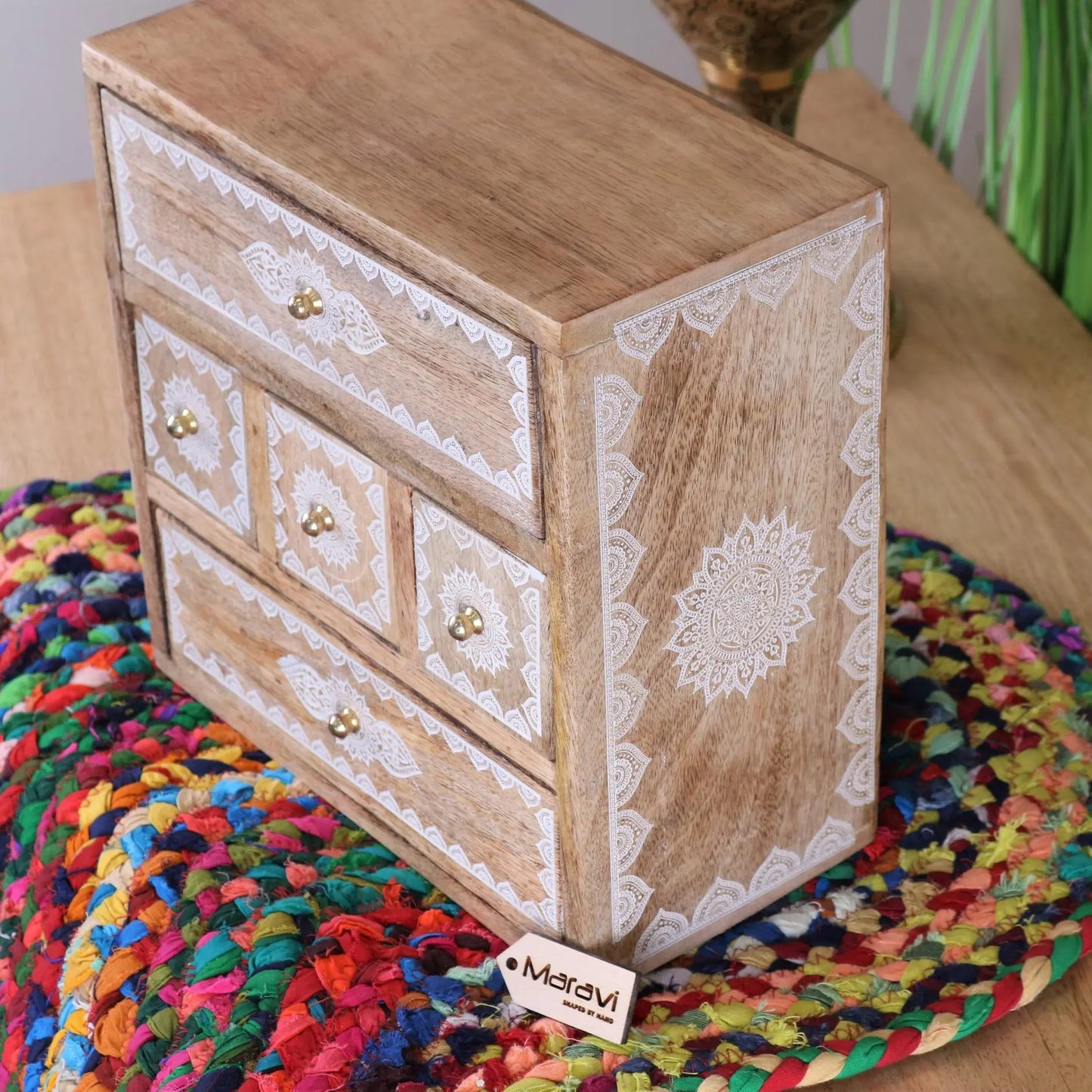 Hijla Mango Wood 5 Mini Drawer Cabinet Mandala Design - Side View