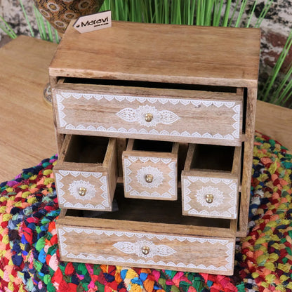 Hijla Mango Wood 5 Mini Drawer Cabinet Mandala Design - Drawers Open