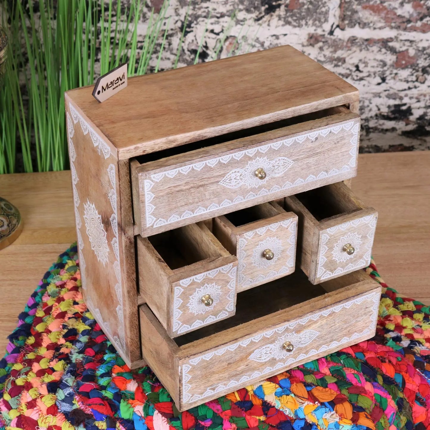 Hijla Mango Wood 5 Mini Drawer Cabinet Mandala Design - Drawers Open Side View