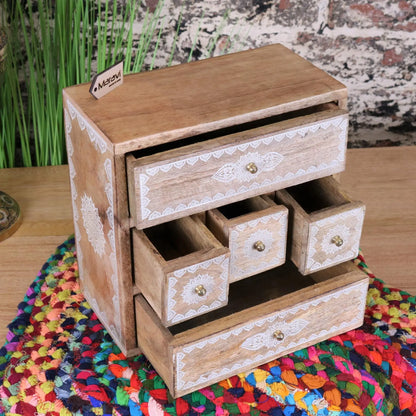 Hijla Mango Wood 5 Mini Drawer Cabinet Mandala Design - Drawers Open Side View