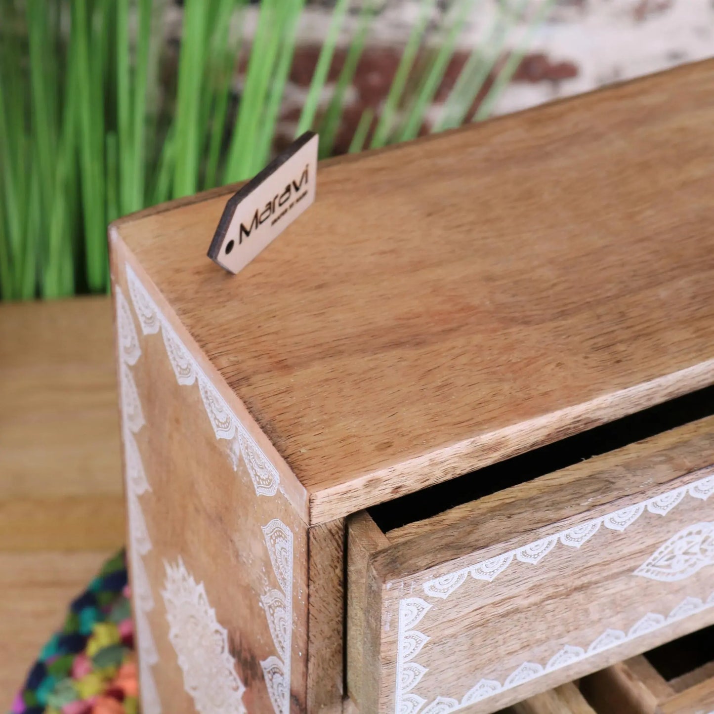 Hijla Mango Wood 5 Mini Drawer Cabinet Mandala Design  - Closeup of Woodgrain
