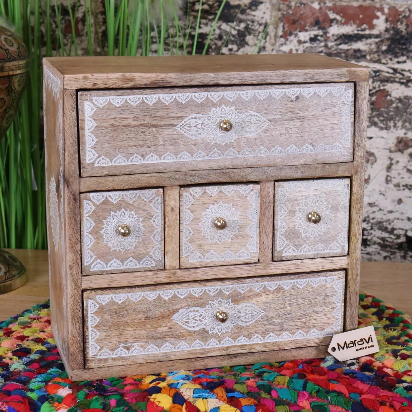 Hijla Mango Wood 5 Mini Drawer Cabinet Mandala Design - Front View