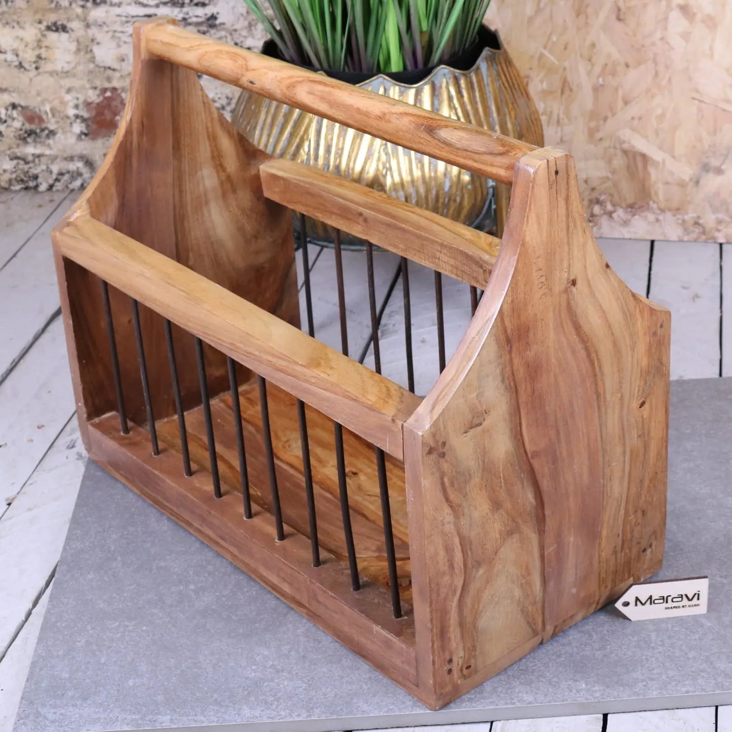 Solid Mango Wood Magazine Rack with Iron Bar Detailing - Side View