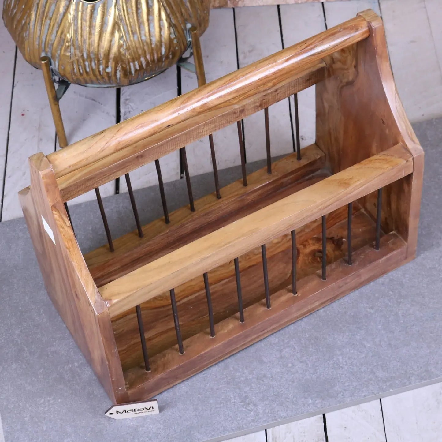 Solid Mango Wood Magazine Rack with Iron Bar Detailing - Top View