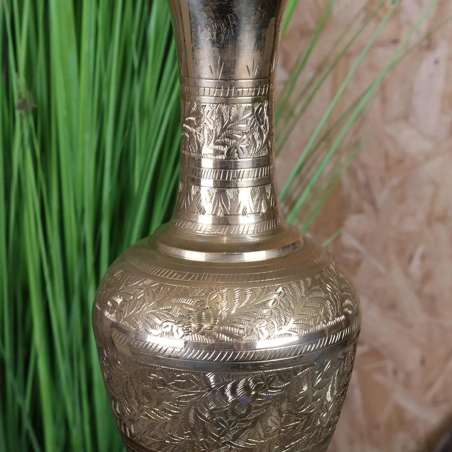 Vintage 36cm Small Brass Vase Hand Etched - Closeup of Neck