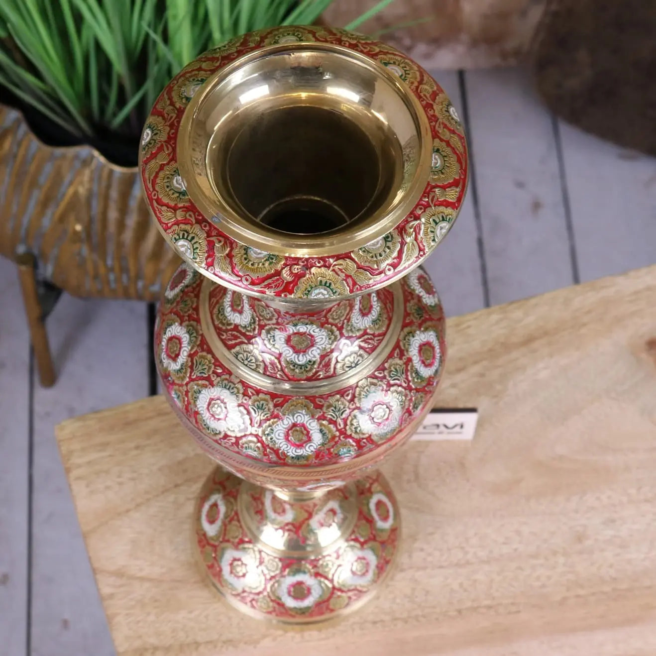 Vintage 36cm Brass Vase Hand Painted and Etched - Top View