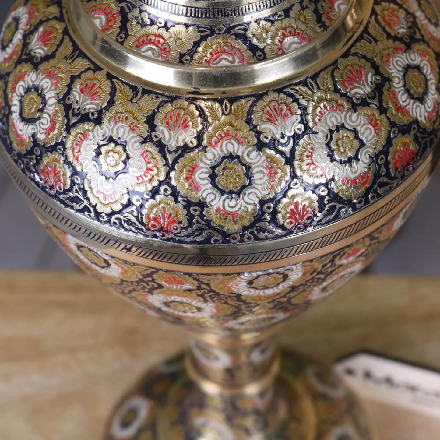 Vintage 42cm Brass Vase Hand Painted and Etched - Closeup of Painted Floral Details
