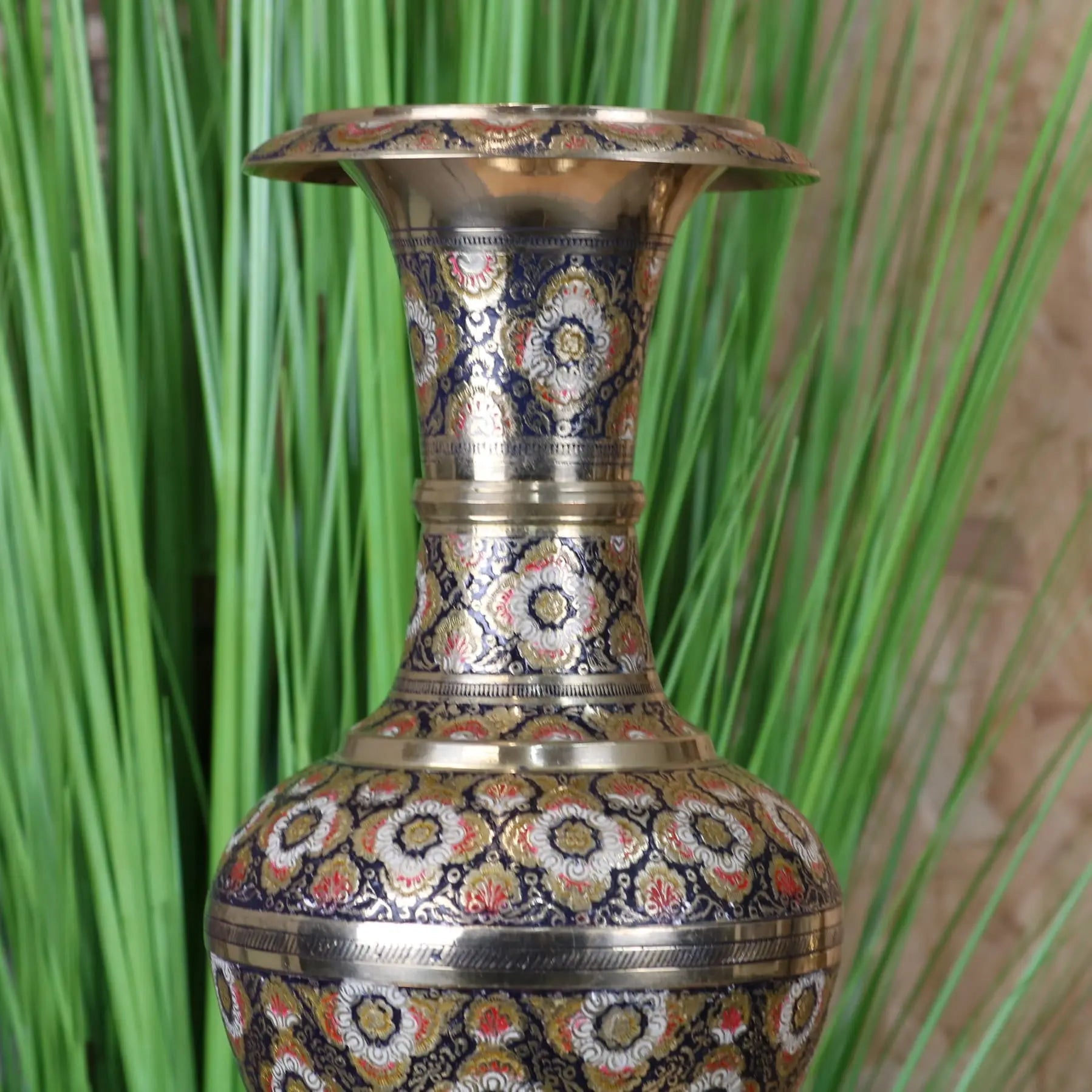 Vintage 42cm Brass Vase Hand Painted and Etched - Closeup of Top Half 2