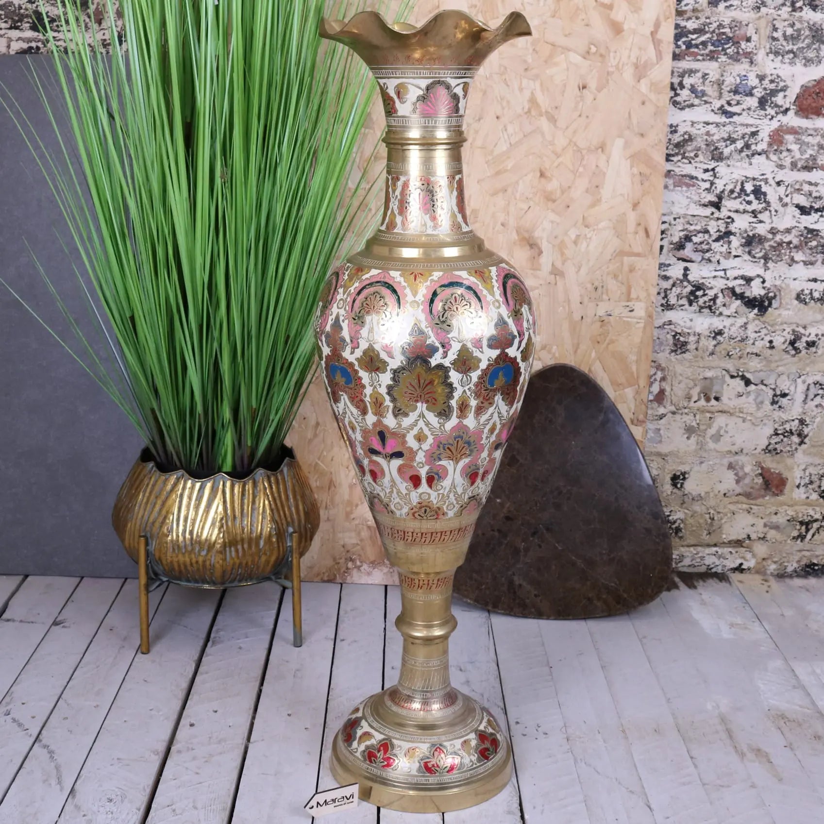 Vintage 92cm Large Brass Vase Scalloped Edge - Main Image