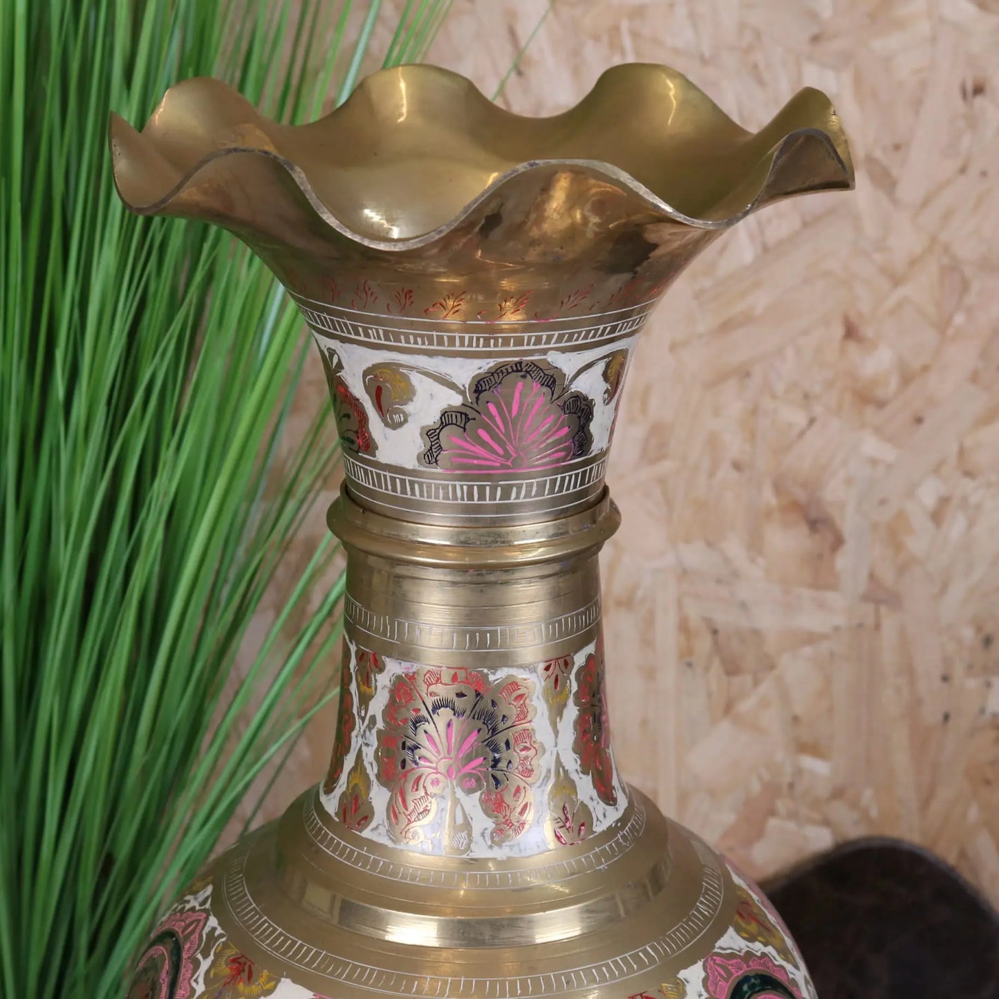Vintage 92cm Large Brass Vase Scalloped Edge - Closeup of Upper Section
