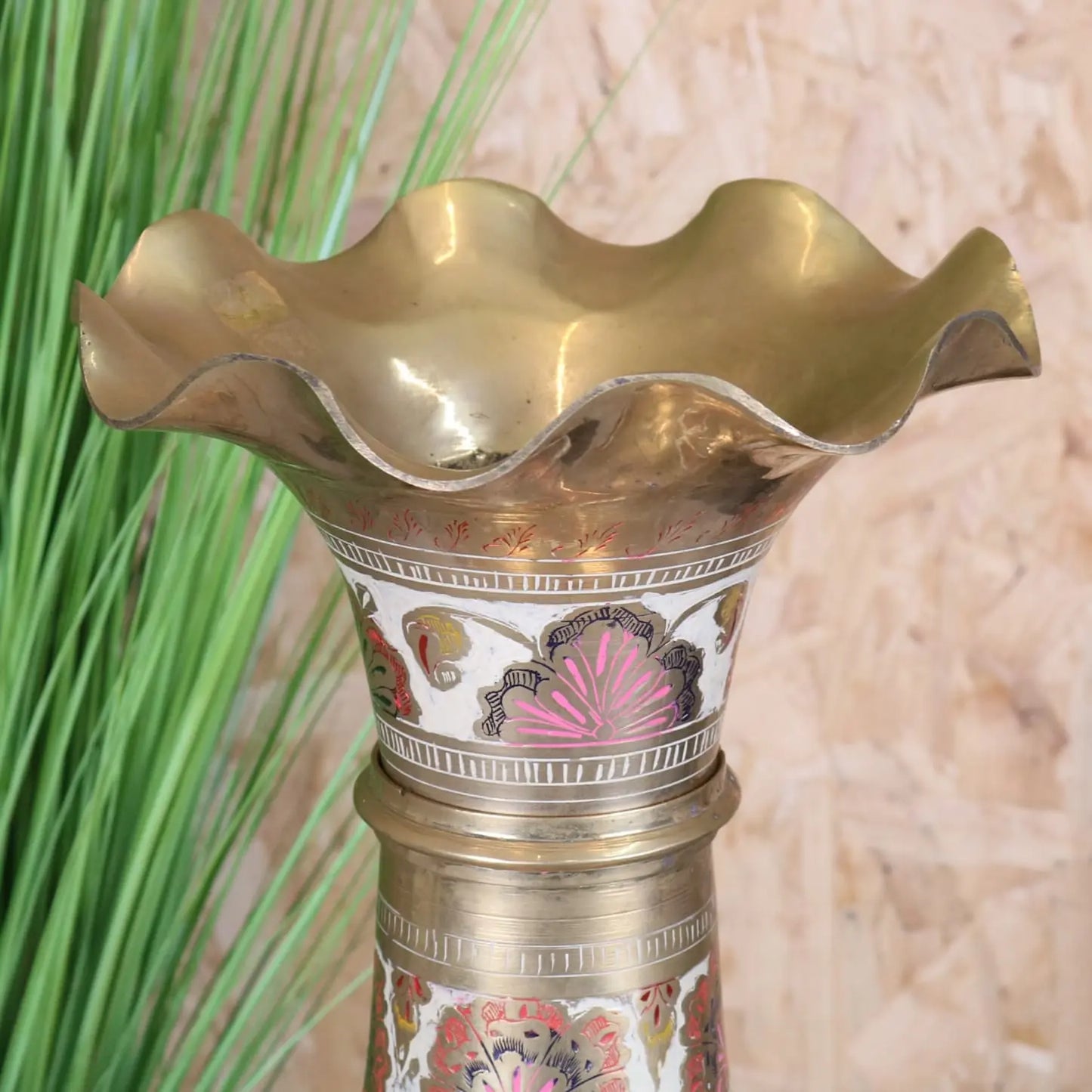 Vintage 92cm Large Brass Vase Scalloped Edge - Closeup of Upper Section 2