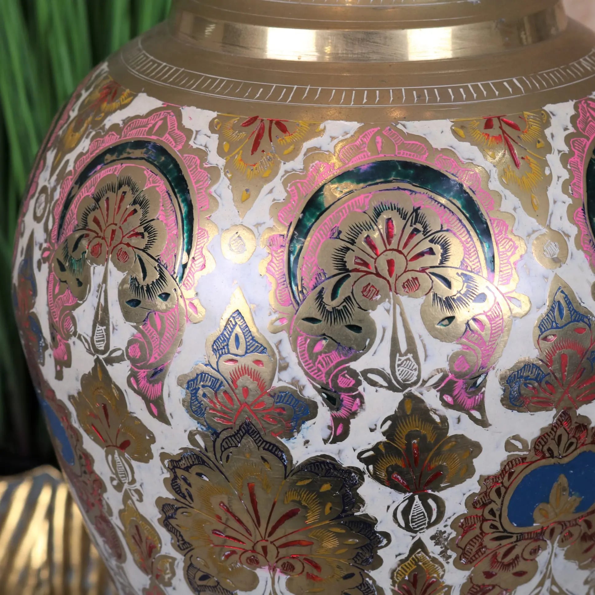 Vintage 92cm Large Brass Vase Scalloped Edge - Closeup of Floral Patterns