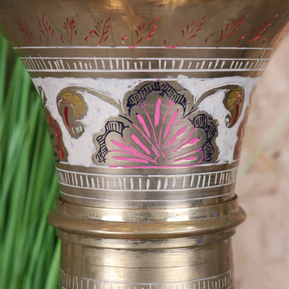 Vintage 92cm Large Brass Vase Scalloped Edge - Closeup of Floral Pattern of Neck of Vase