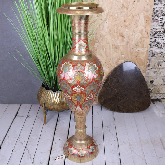 Vintage 92cm Large Brass Vase Hand Painted and Etched - Main Image