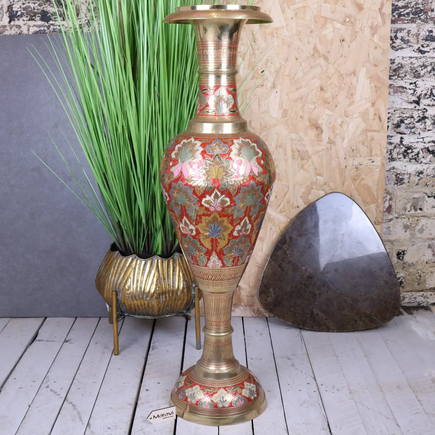 Vintage 92cm Large Brass Vase Hand Painted and Etched - Front View