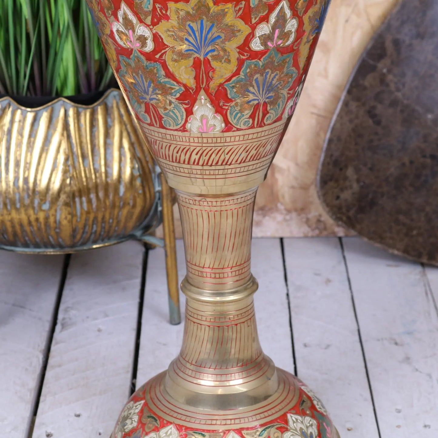Vintage 92cm Large Brass Vase Hand Painted and Etched - Closeup of Mid-Section