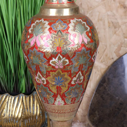 Vintage 92cm Large Brass Vase Hand Painted and Etched - Closeup of Central Area