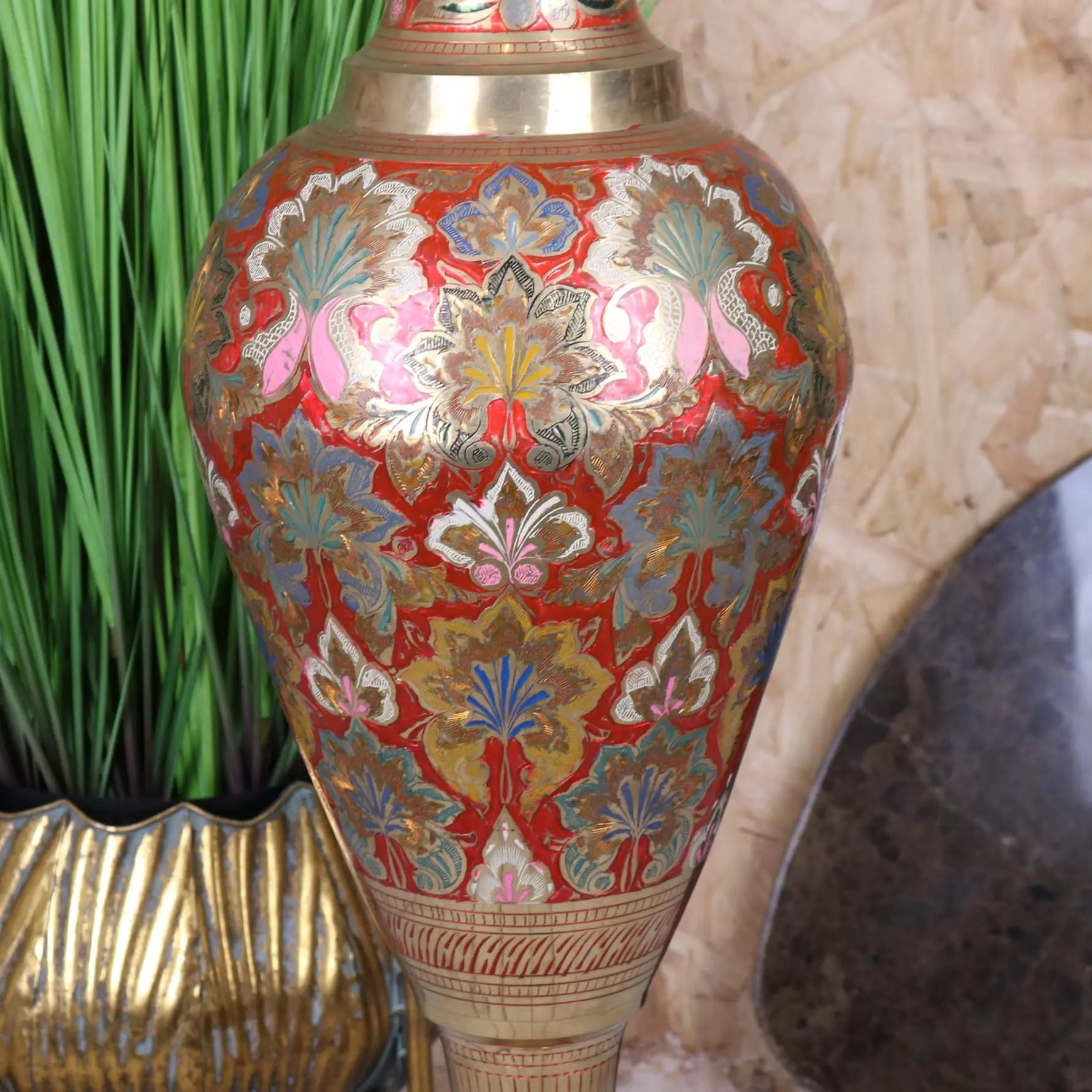 Vintage 92cm Large Brass Vase Hand Painted and Etched – Maravi