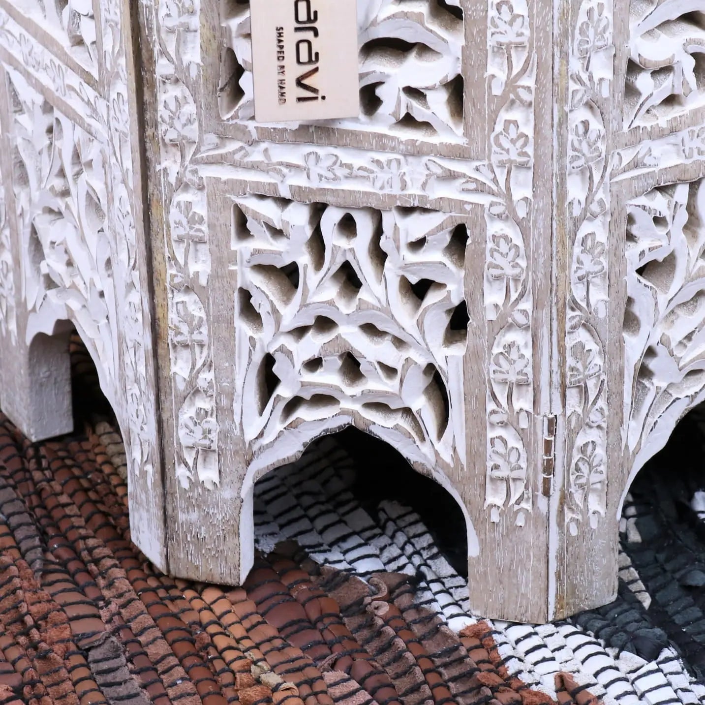 Saidia Moroccan Octagonal Side Table - Closeup of Carving on Base