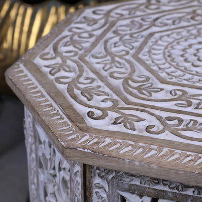 Saidia Moroccan Octagonal Side Table - Closeup of Carving on Top