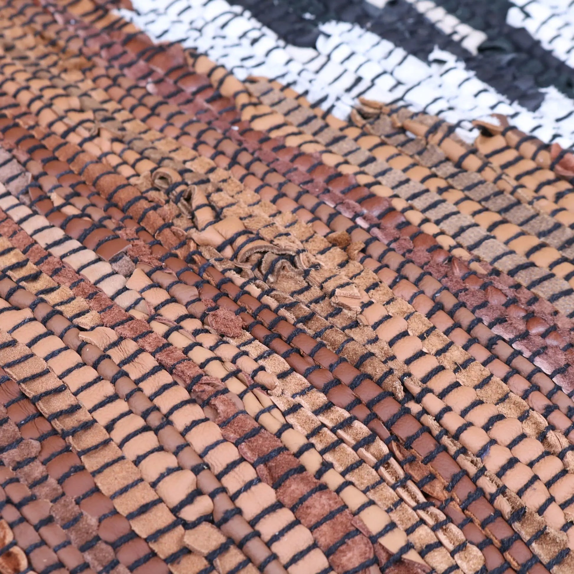 Harana Leather Rag Rug 60x90cm Aztec Design - Closeup of Weaving