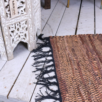 Harana Leather Rag Rug 60x90cm Aztec Design - Closeup of Tassels 