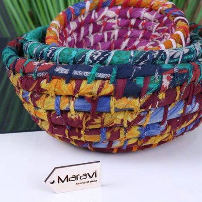 Chaura Set of 3 Baskets Recycled Sari Material - Closeup of Weave