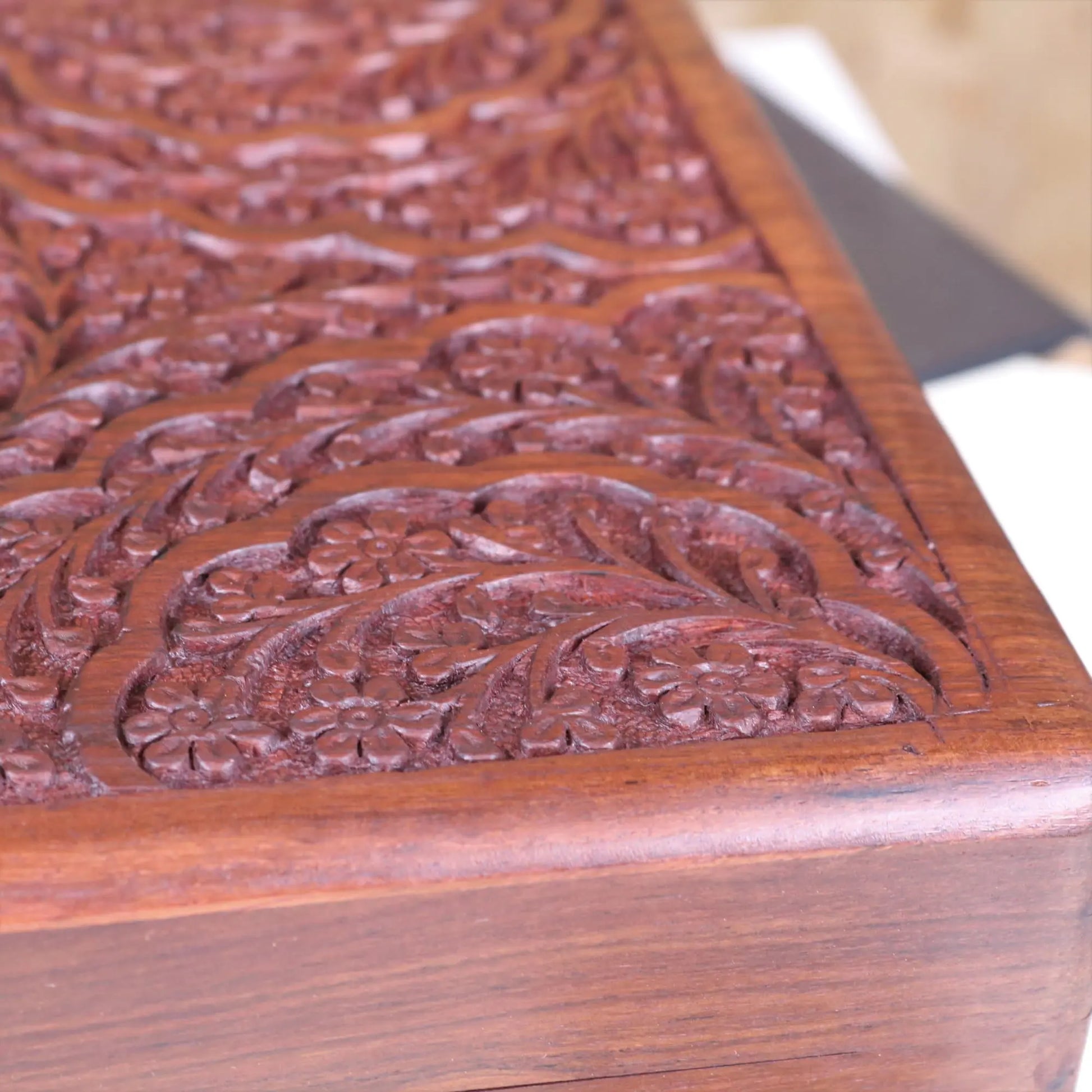 Chamring Large Carved Storage Box - Closeup of Carving