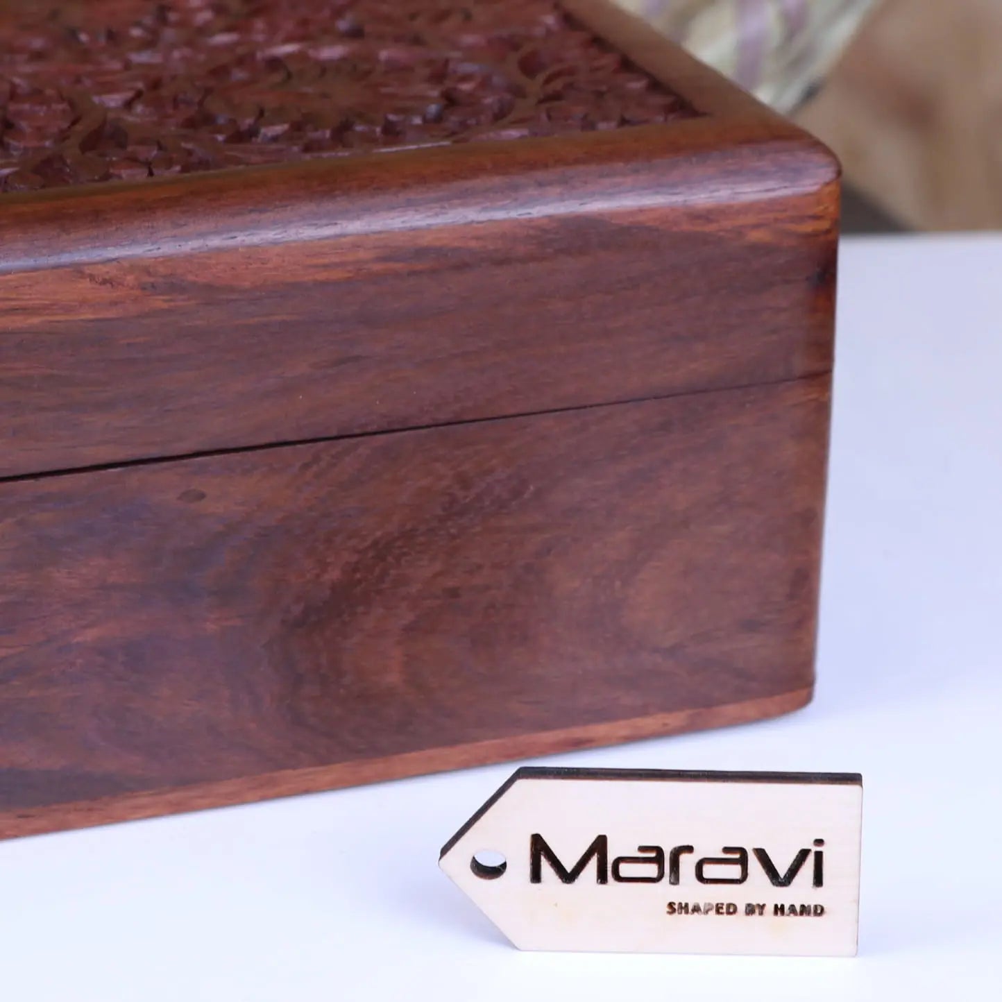 Sateek Large Carved Storage Box - Closeup of Woodgrain