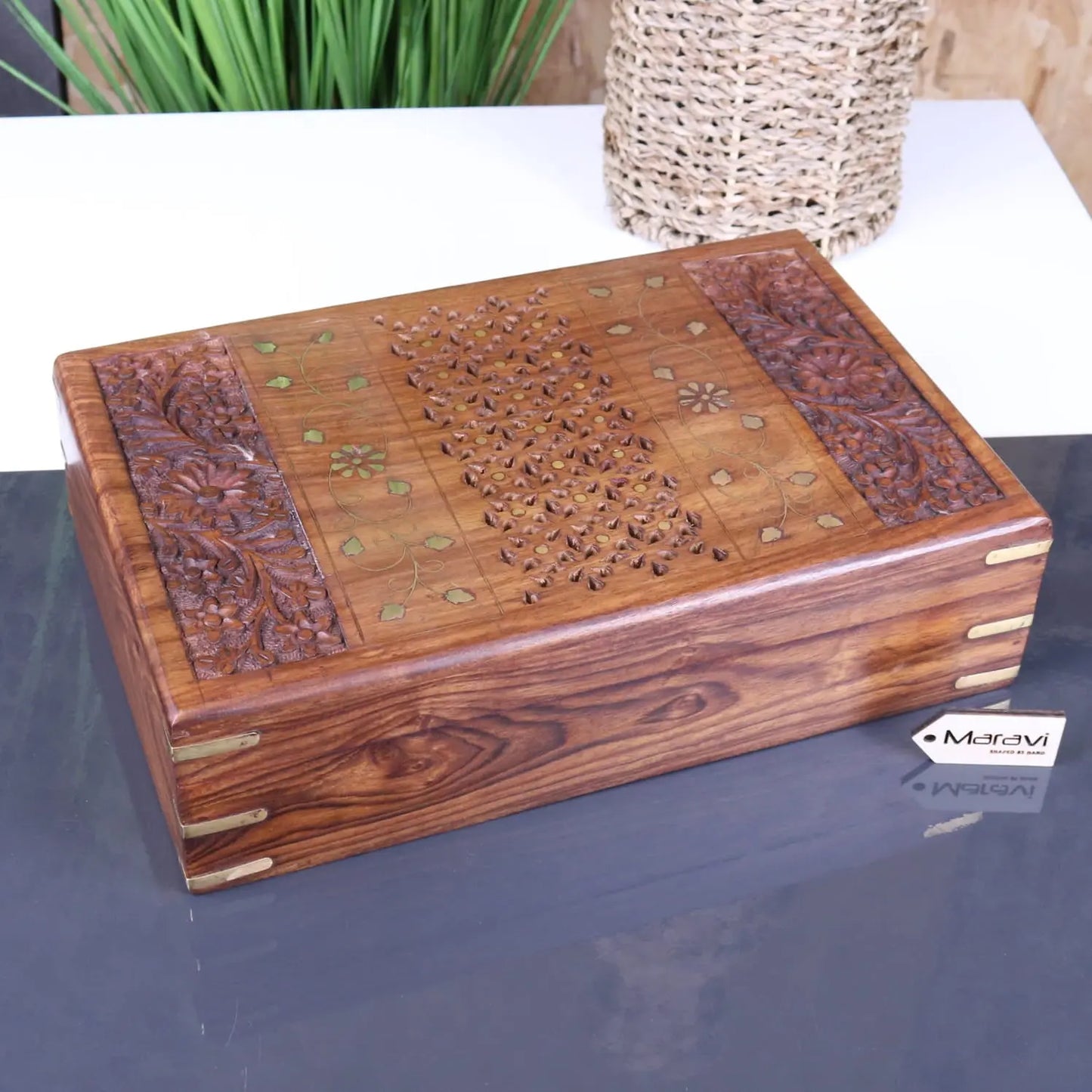 Vervek Large Carved Storage Box with Brass Inlay - Main Image