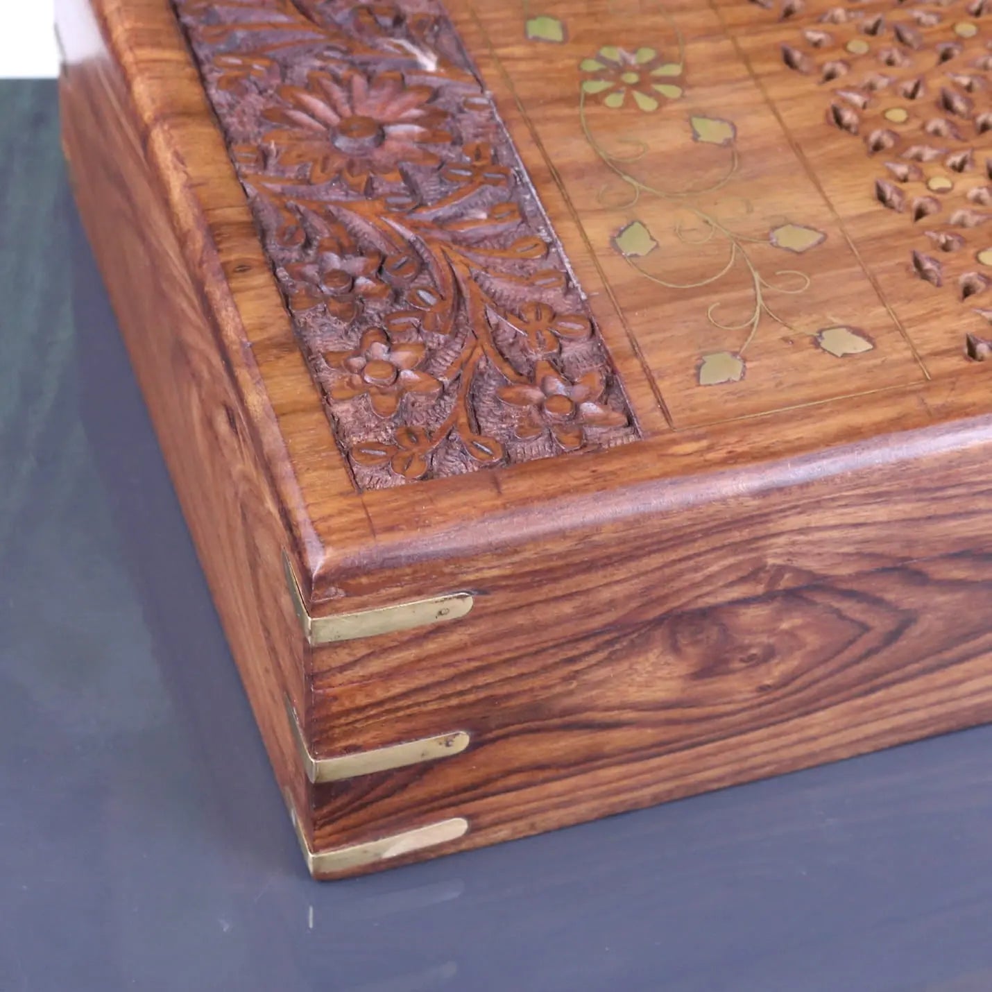 Vervek Large Carved Storage Box with Brass Inlay - Closeup of Carving