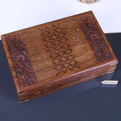 Vervek Large Carved Storage Box with Brass Inlay - Top View
