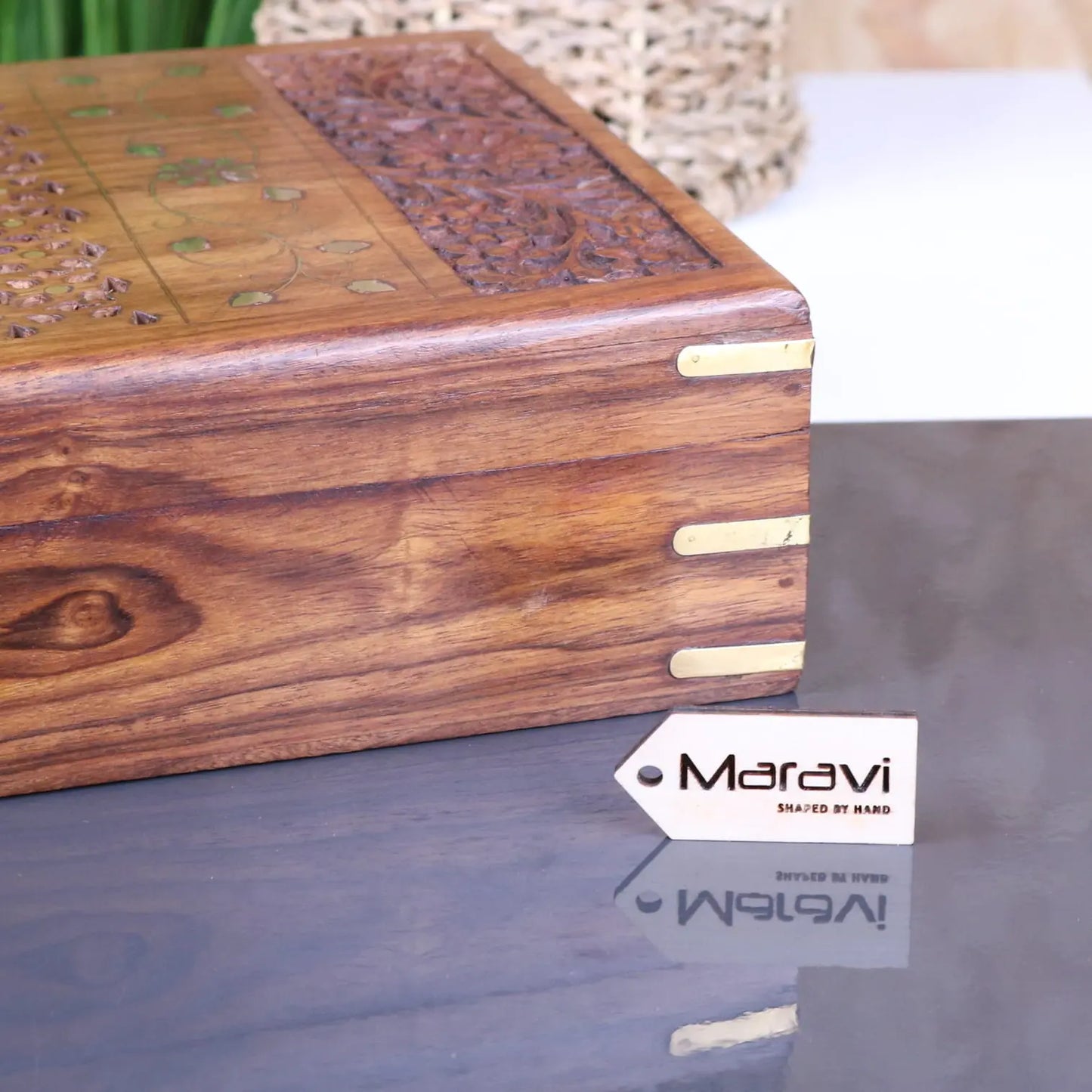 Vervek Large Carved Storage Box with Brass Inlay - Closeup of Woodgrain
