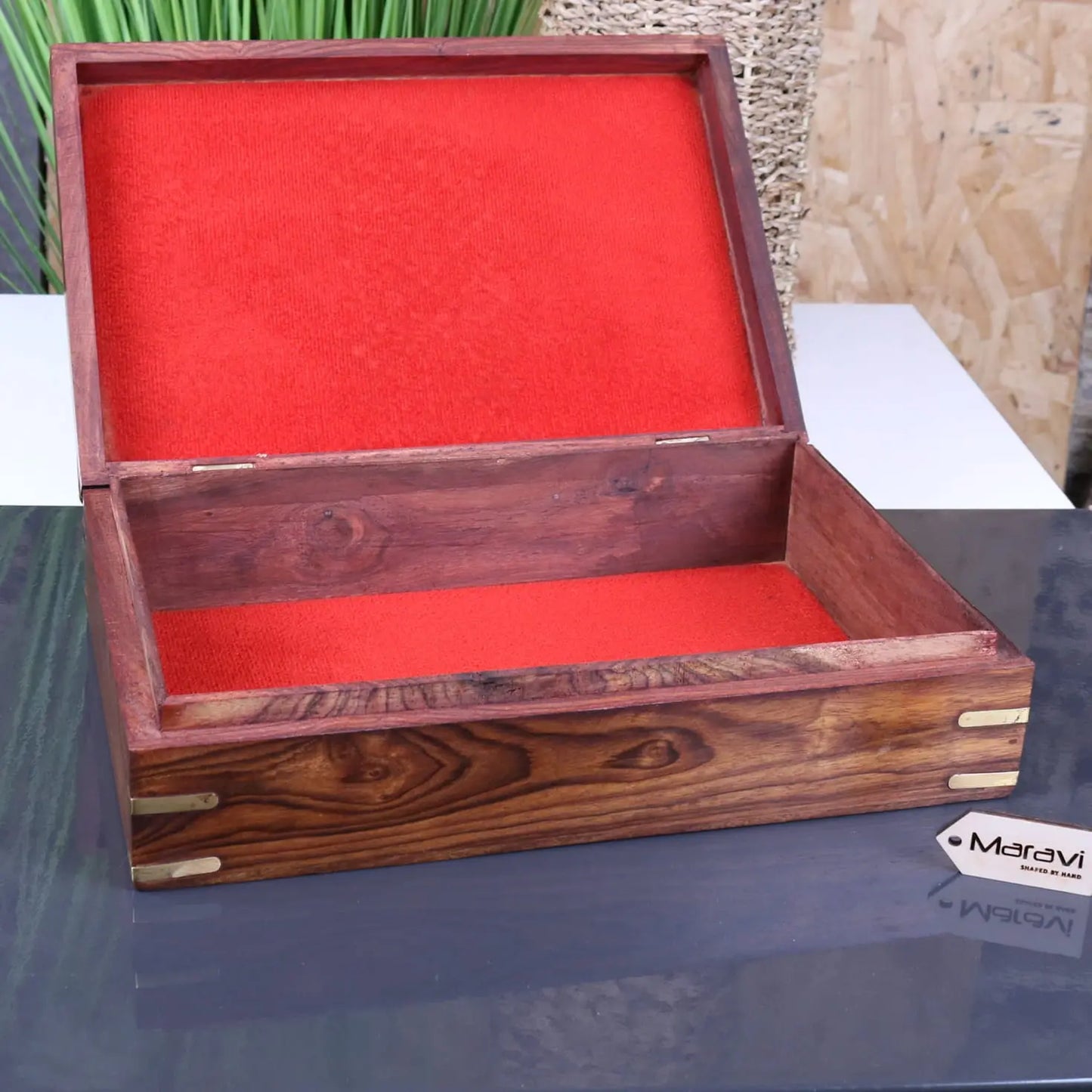 Vervek Large Carved Storage Box with Brass Inlay - Inside View