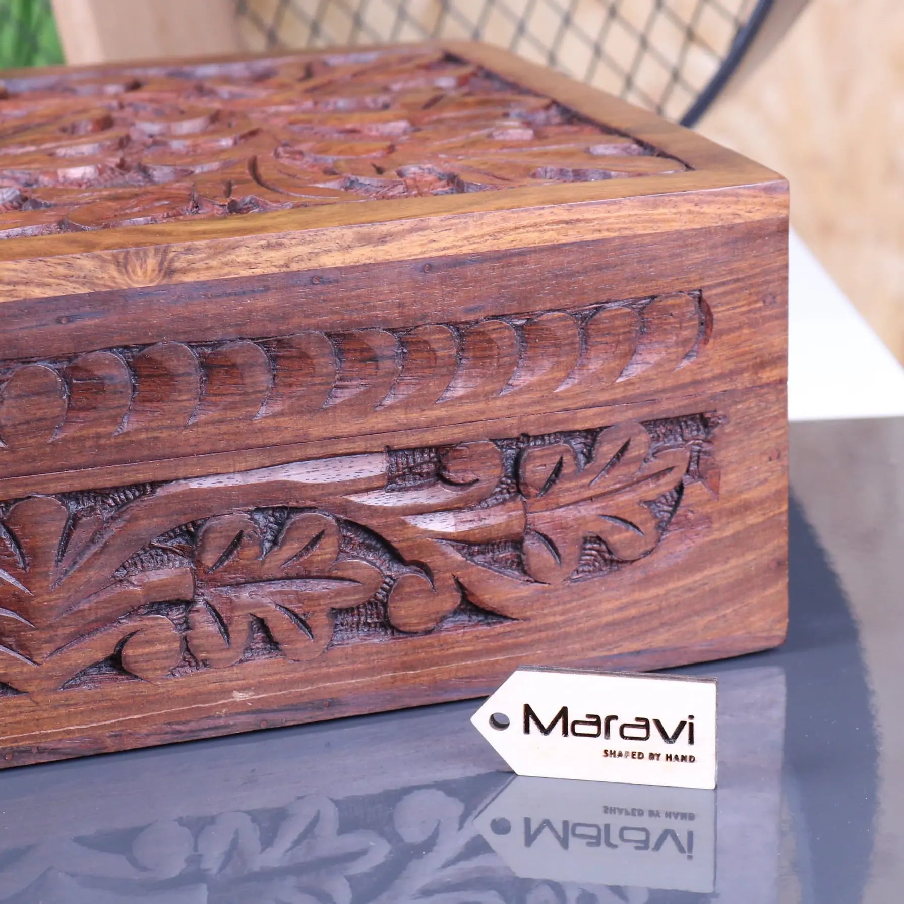 Zopui Large Carved Storage Box - Closeup of Carving on Front