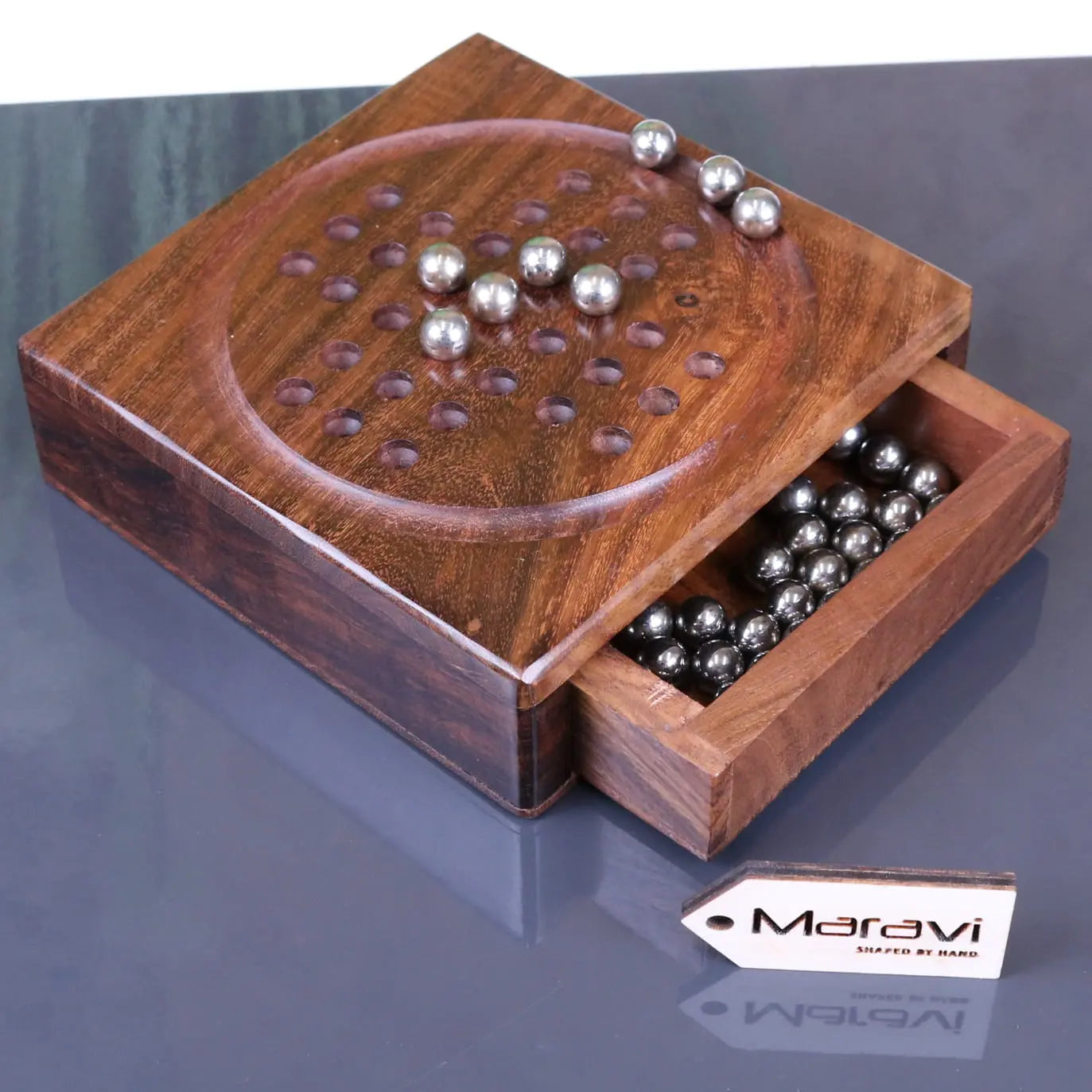 Sesih Mini Solitaire Set with Steel Marbles - Showing Storage Drawer