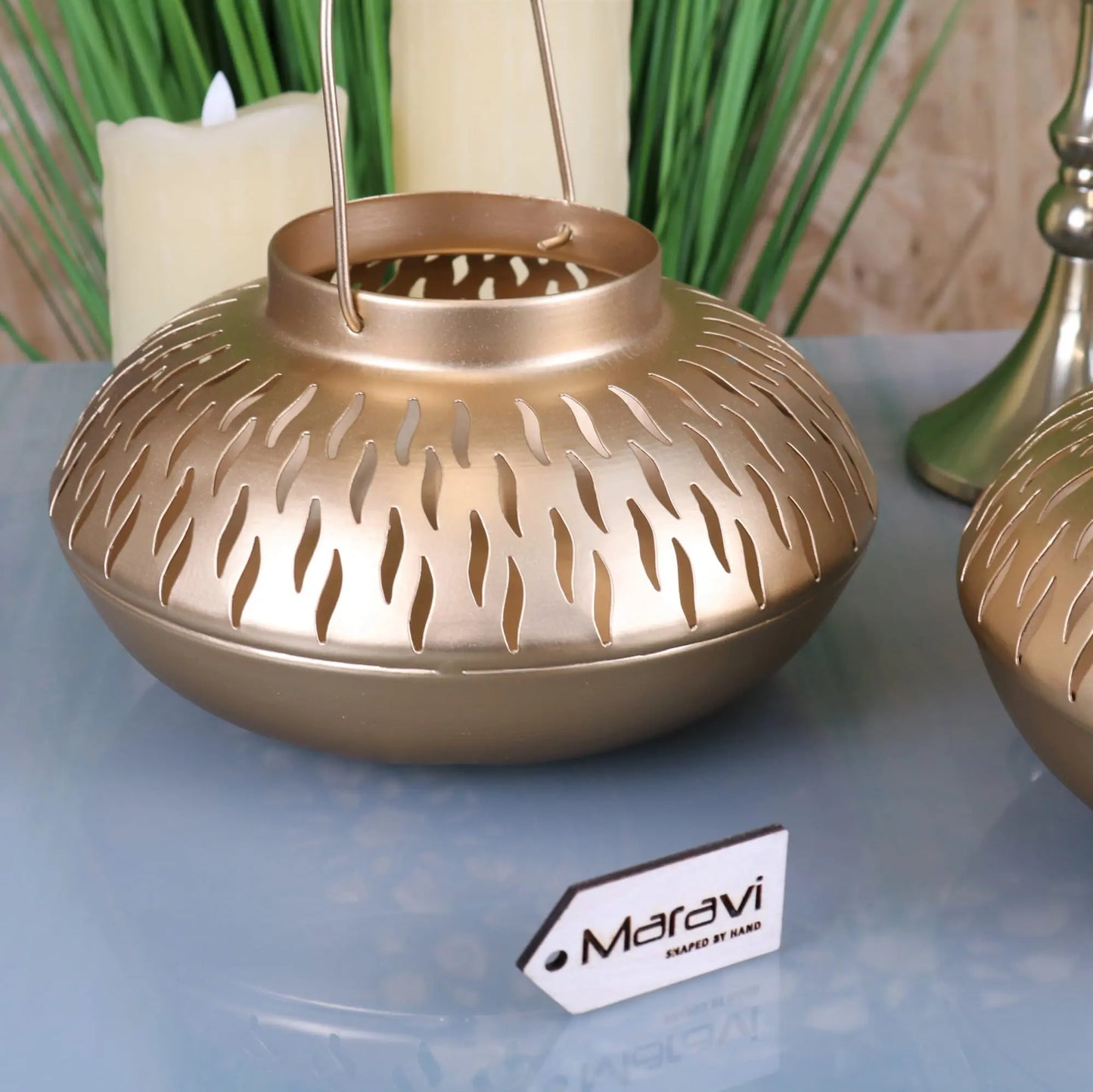 Mohra Set of 2 Moroccan Gold Oval Candle Lantern - Closeup of Cut Out Design