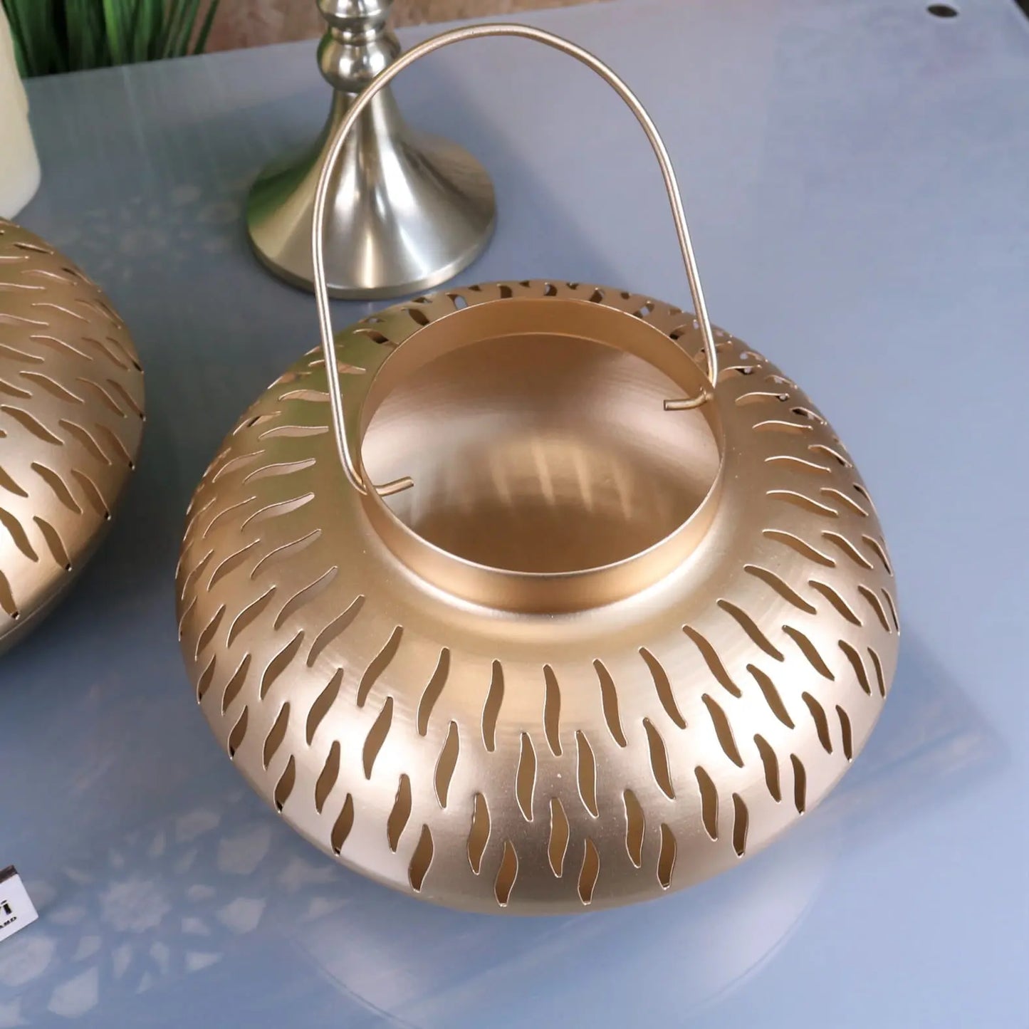 Mohra Set of 2 Moroccan Gold Oval Candle Lantern - Top View